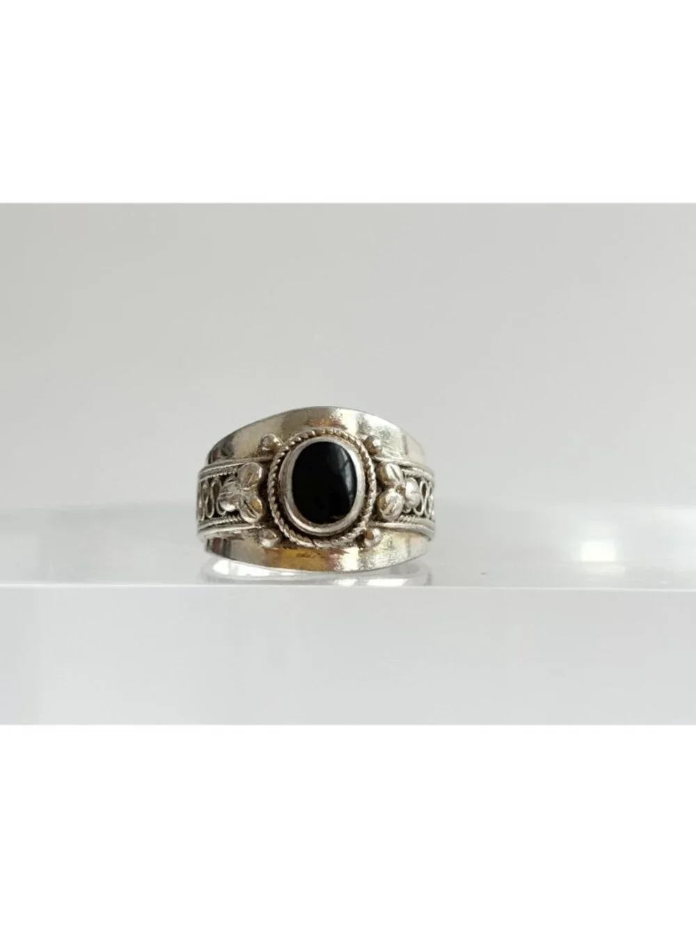 Thai Made Made Black Onyx Rope Chunky Sterling Silver 925 Vintage Ring - sz 6